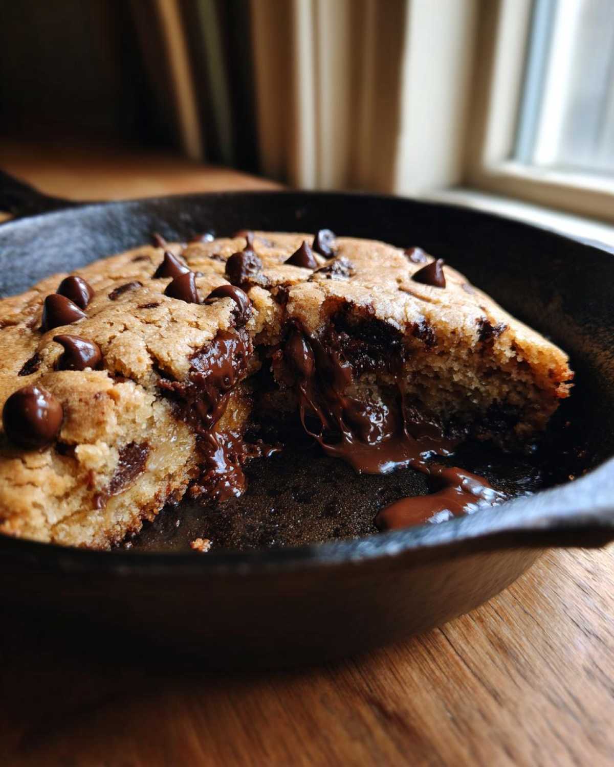 Close-up of a warm Gluten-Free Chocolate Chip Skillet Cookie broken open, showing melted, gooey chocolate chips.