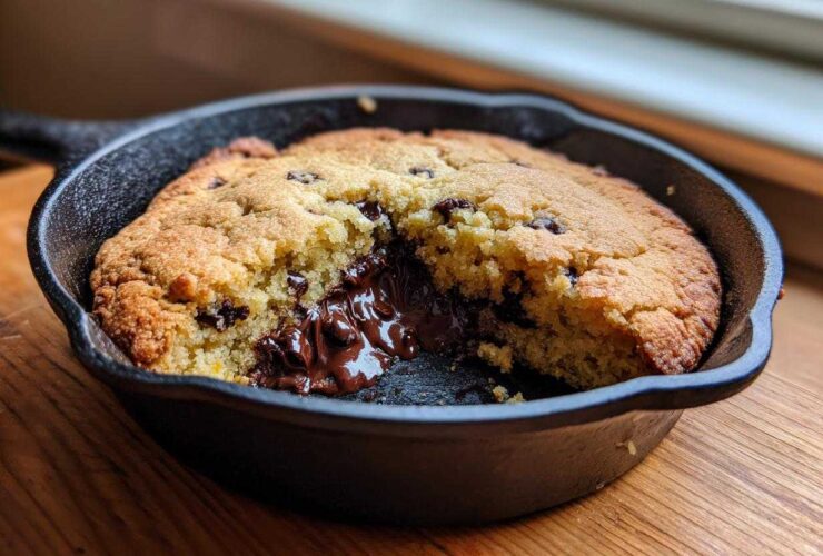 Close-up of a gooey Gluten-Free Chocolate Chip Skillet Cookie broken open to show melted chocolate.