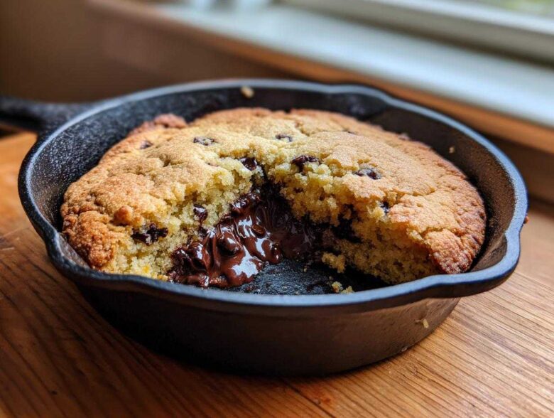 Close-up of a gooey Gluten-Free Chocolate Chip Skillet Cookie broken open to show melted chocolate.