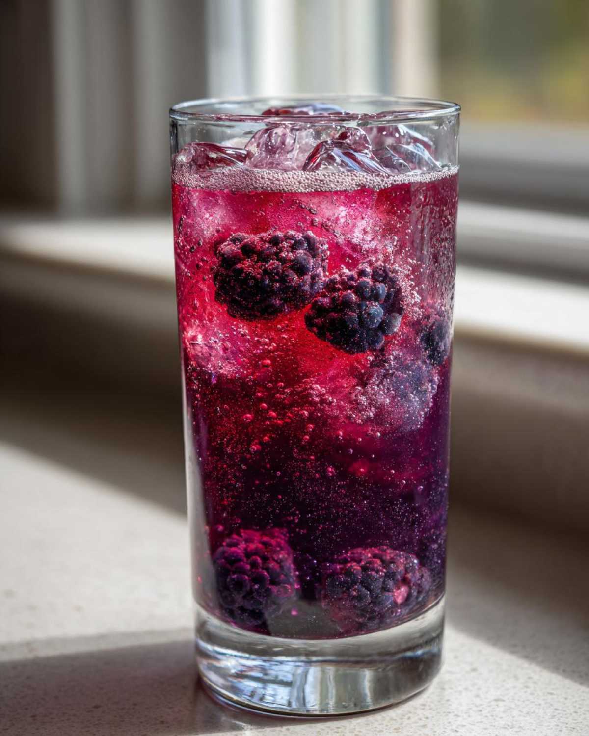 A tall glass filled with Iced Blackberry Sage Tea, ice cubes, and whole blackberries, showing vibrant purple-red color.