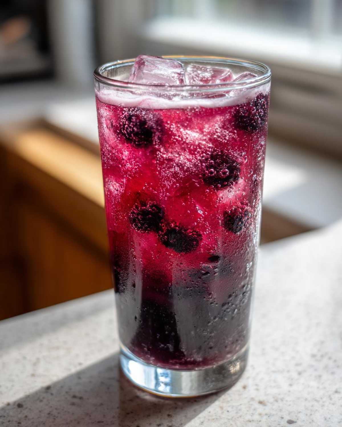 Tall glass of vibrant Iced Blackberry Sage Tea filled with ice and whole blackberries.