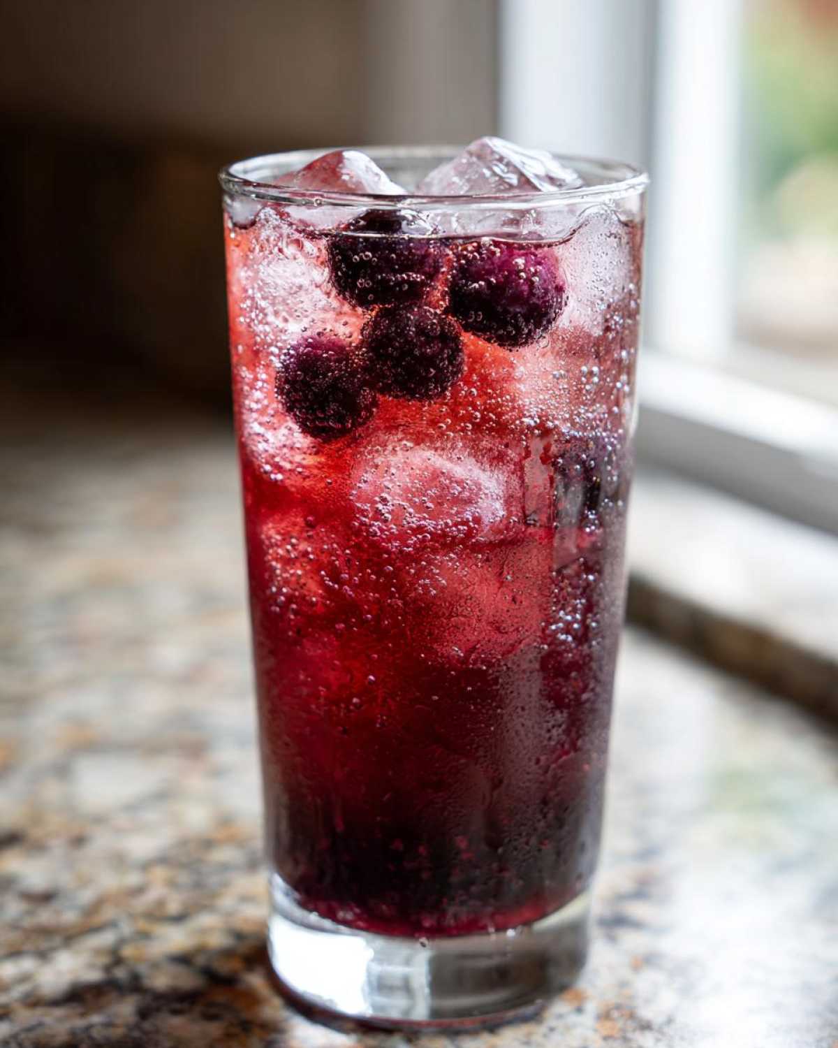 A tall glass filled with vibrant Iced Blackberry Sage Tea, ice, and whole blackberries.