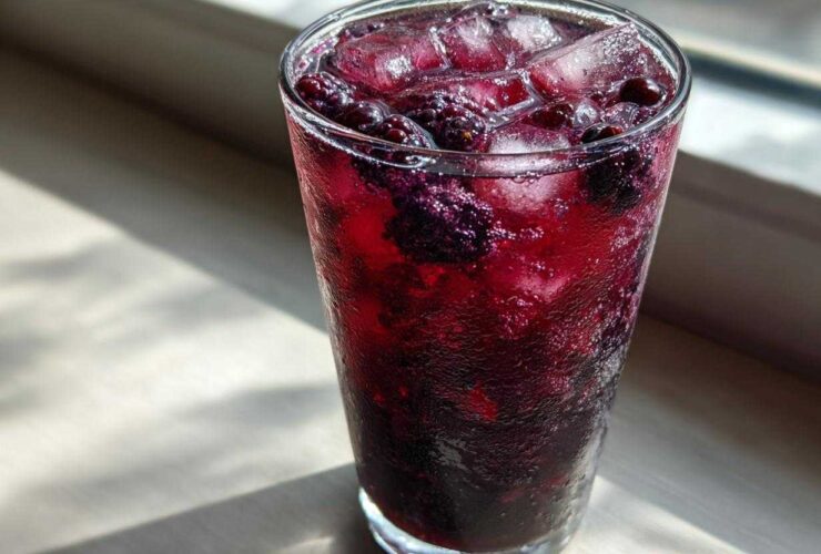 A tall, sweating glass filled with vibrant Iced Blackberry Sage Tea, ice cubes, and whole blackberries.