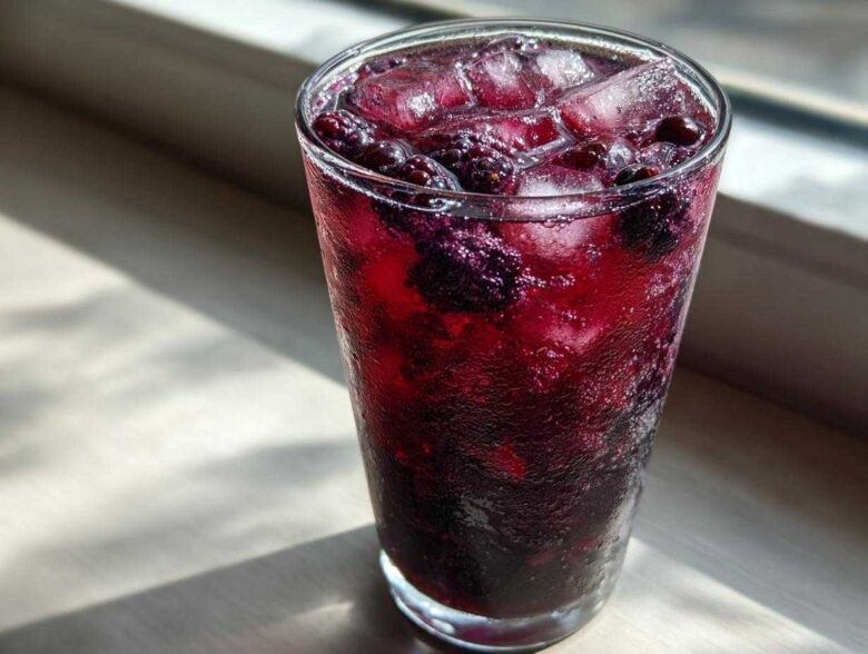 A tall, sweating glass filled with vibrant Iced Blackberry Sage Tea, ice cubes, and whole blackberries.