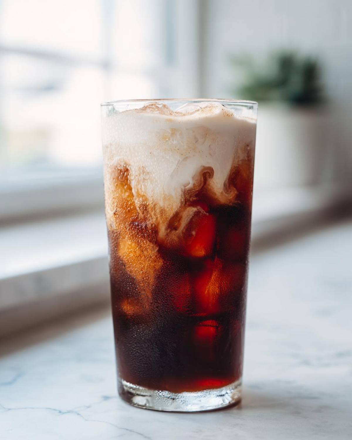 A tall glass filled with Iced Brown Sugar Cinnamon Cold Brew, featuring dark coffee, ice, and a swirl of creamy topping.