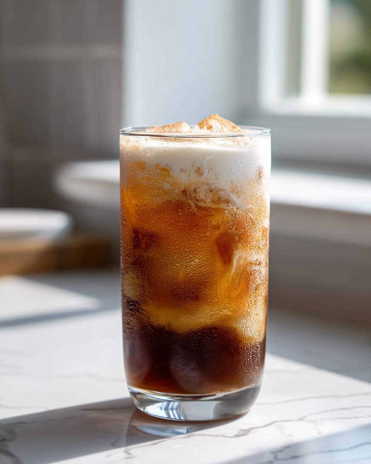 A tall glass of Iced Brown Sugar Cinnamon Cold Brew with ice, cream swirl, and cinnamon dusting, sitting on a marble counter.
