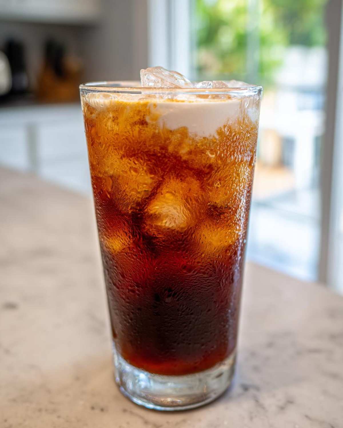 A tall, sweating glass filled with Iced Brown Sugar Cinnamon Cold Brew, topped with cream.