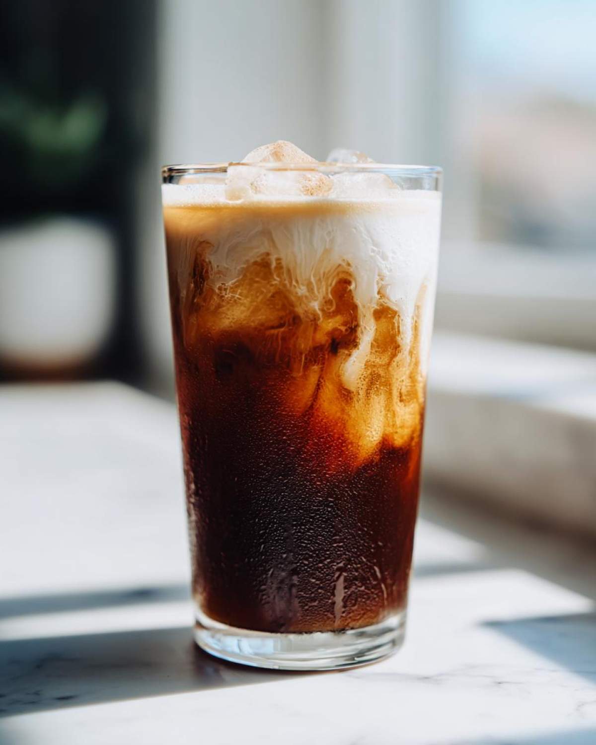 A tall glass of Iced Brown Sugar Cinnamon Cold Brew with cream swirling into the dark coffee over ice.