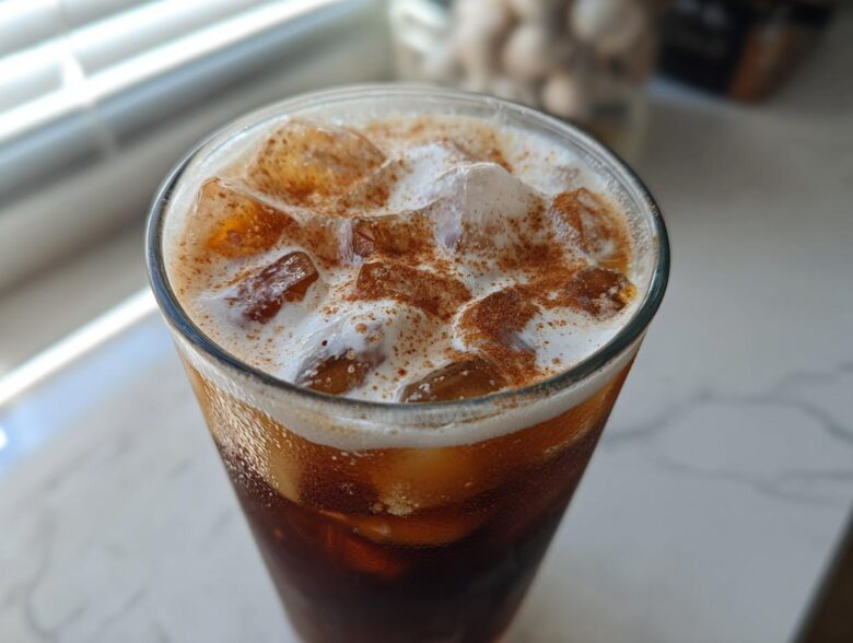 Close-up of Iced Brown Sugar Cinnamon Cold Brew with ice, creamy foam, and a dusting of cinnamon.