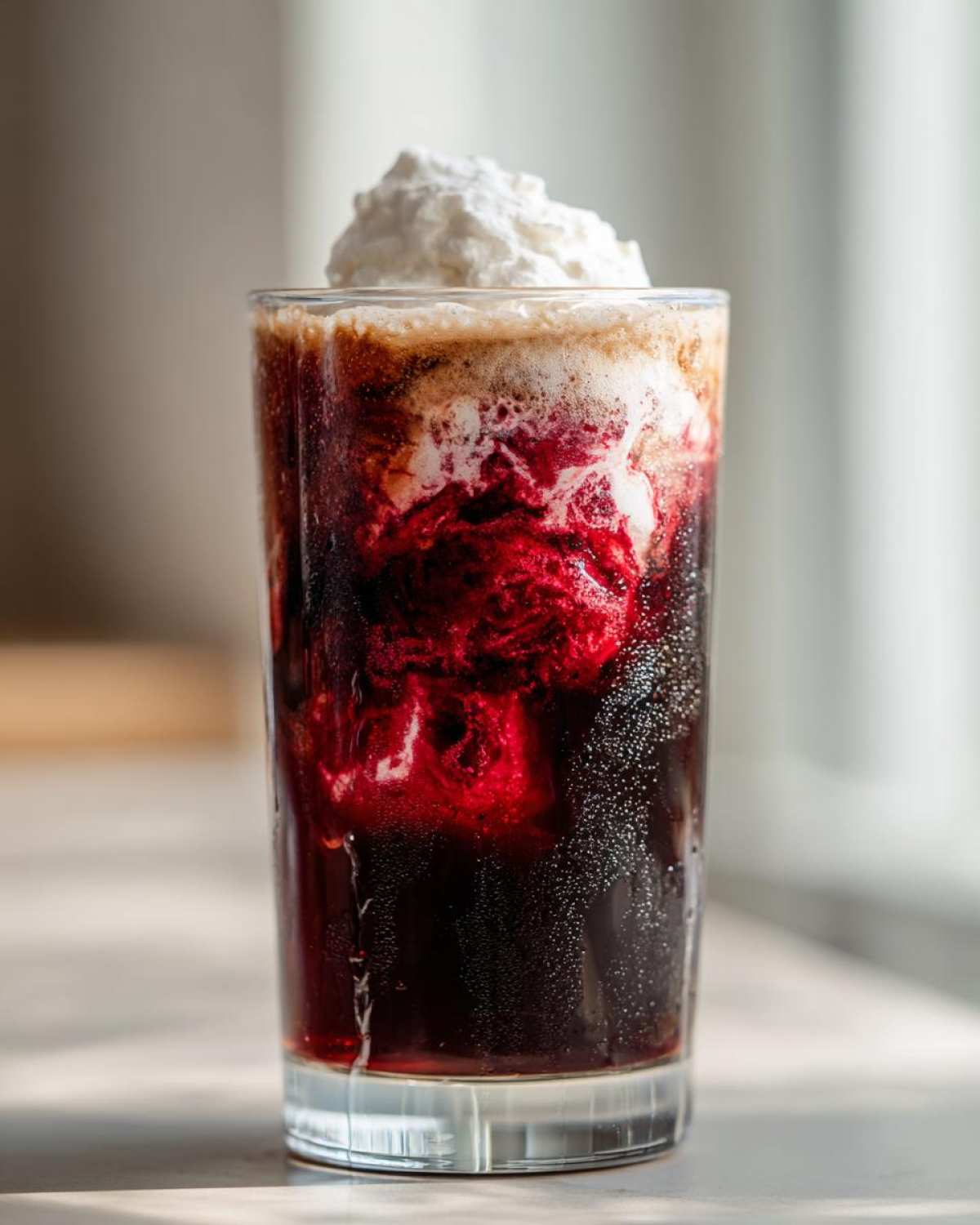 A tall glass of Iced Cherry Vanilla Cold Brew showing dark coffee mixing with bright red cherry syrup and topped with whipped cream.