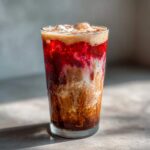 A tall glass showing distinct layers of Iced Cherry Vanilla Cold Brew, featuring dark coffee, creamy white swirls, and a bright red cherry syrup topping.