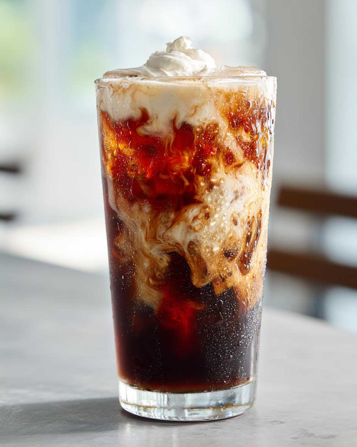Close-up of Iced Cherry Vanilla Cold Brew showing dark coffee swirling with cream and topped with whipped cream.