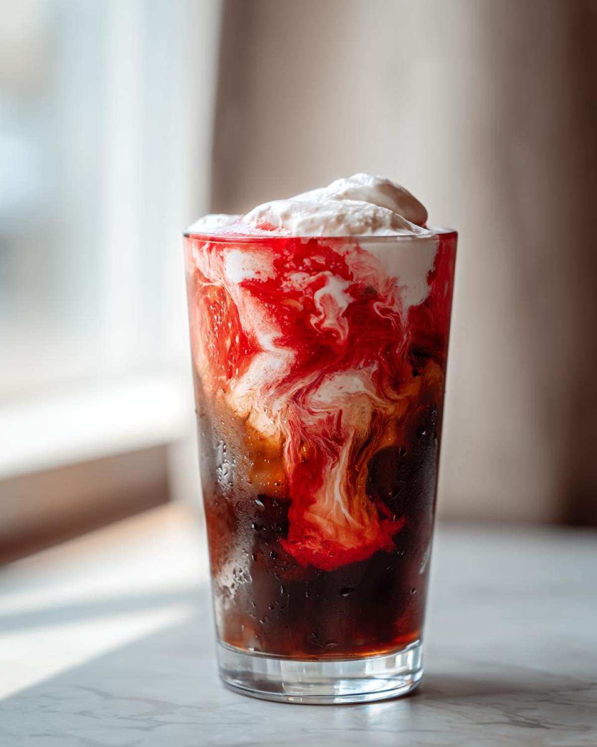 Close-up of Iced Cherry Vanilla Cold Brew showing vibrant red cherry syrup swirling into dark cold brew coffee, topped with cream.