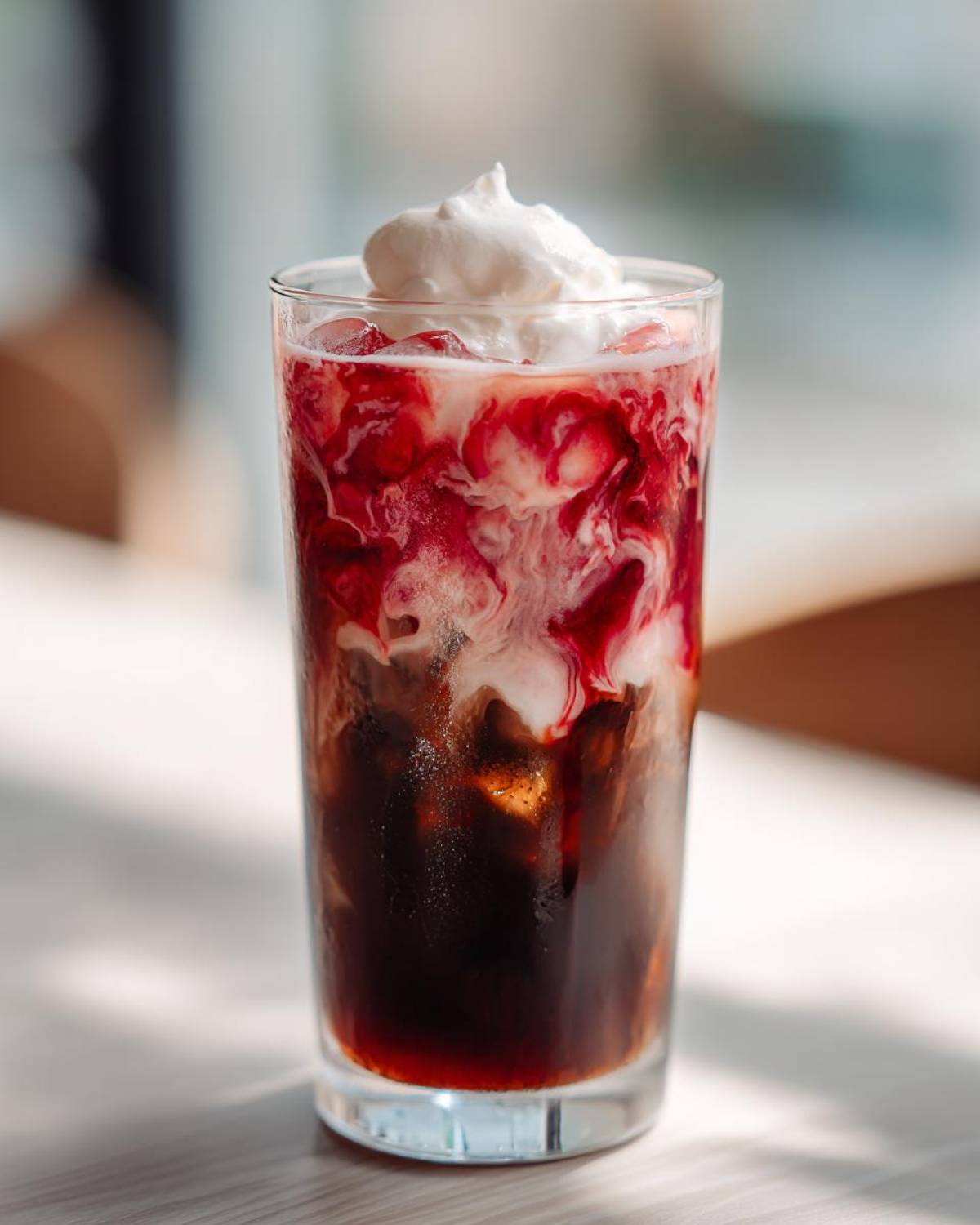 A tall glass of Iced Cherry Vanilla Cold Brew showing swirling red cherry syrup mixing with cream and dark coffee, topped with whipped cream.