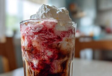 Close-up of a tall glass of Iced Cherry Vanilla Cold Brew swirling with red syrup and topped with whipped cream.