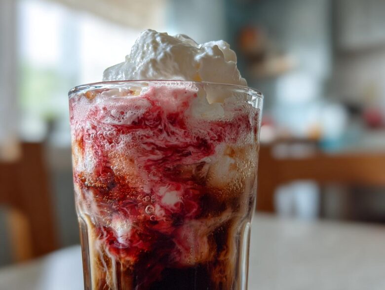 Close-up of a tall glass of Iced Cherry Vanilla Cold Brew swirling with red syrup and topped with whipped cream.