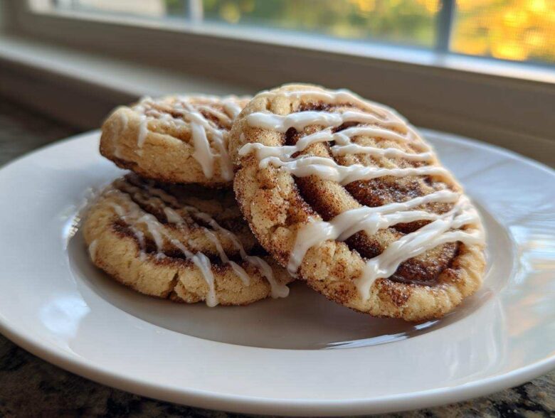 Three delicious Cinnamon Roll Cookies, dusted with cinnamon sugar and drizzled with white icing, stacked on a white plate.