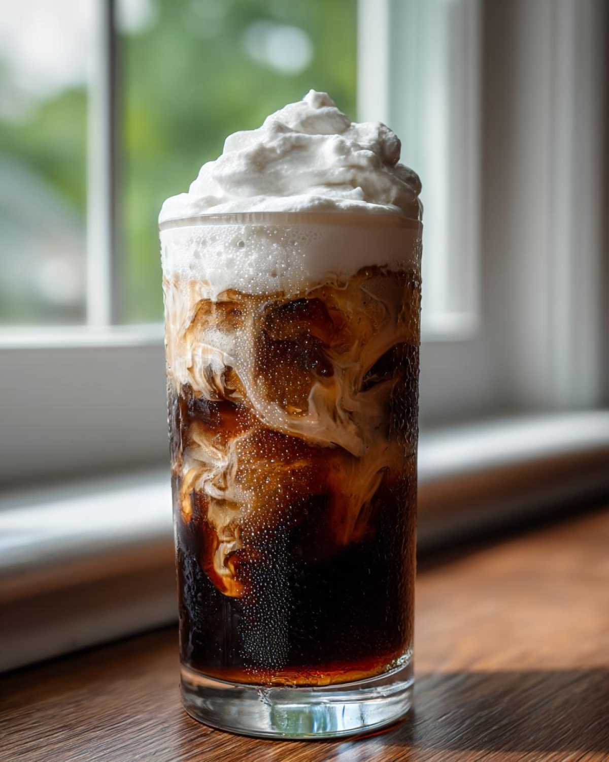 A tall glass filled with Iced Coconut Mocha with Cold Foam, showing swirling coffee and cream layers topped with whipped topping.