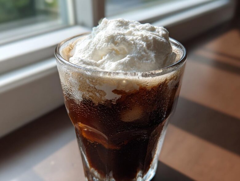 A refreshing glass of Iced Coconut Mocha with Cold Foam piled high on top, showing condensation on the glass.