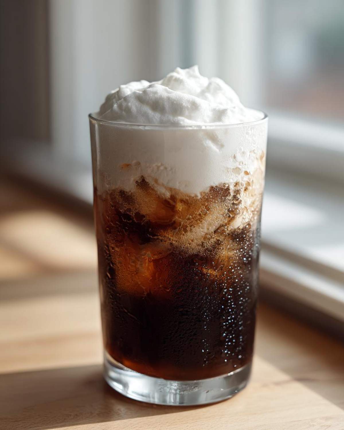 A tall glass filled with Iced Coconut Mocha with Cold Foam, showing condensation on the glass and rich dark coffee below the white foam.