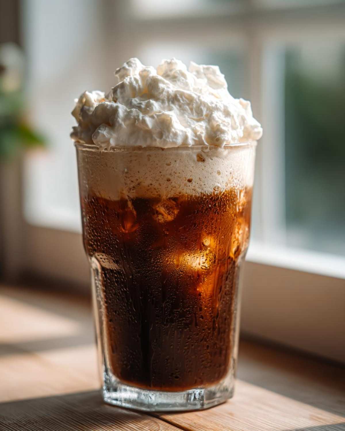 Tall glass of Iced Coconut Mocha with cold foam and whipped cream topping, covered in condensation.