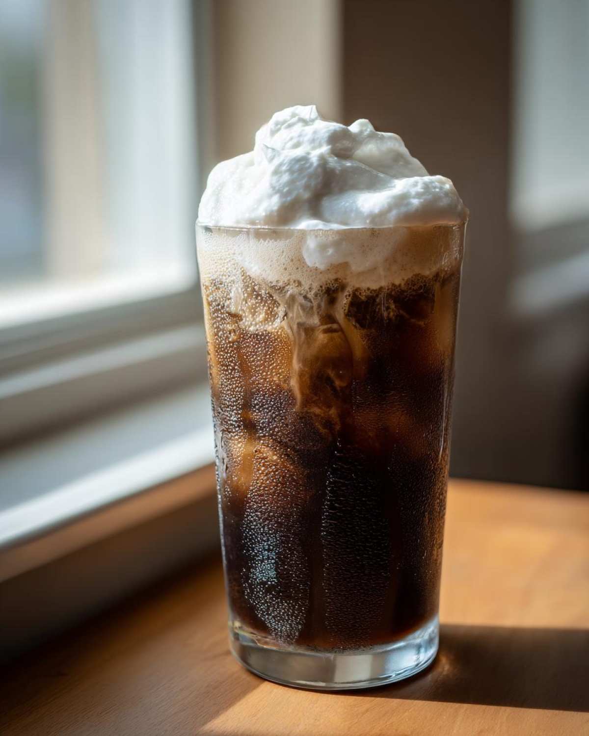 A tall glass filled with an Iced Coconut Mocha with Cold Foam, showing condensation on the glass.