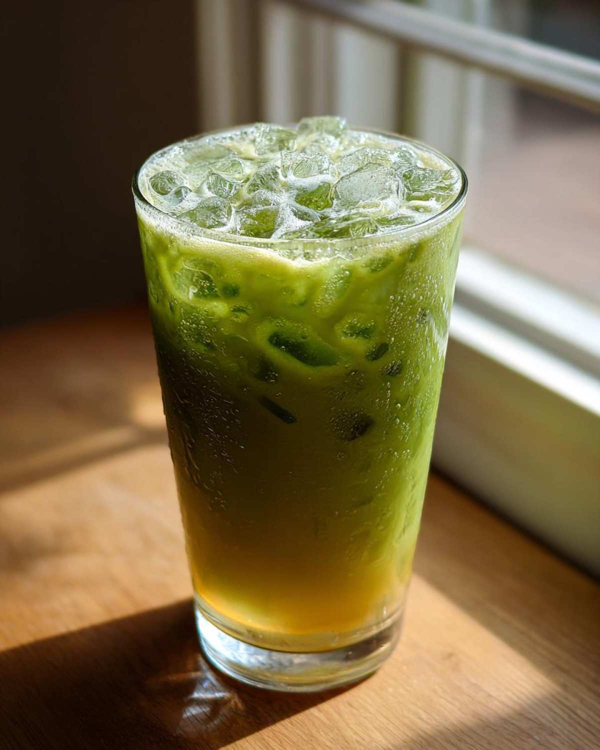 A tall glass filled with a layered Iced Matcha Pineapple Refresher, topped with ice cubes.
