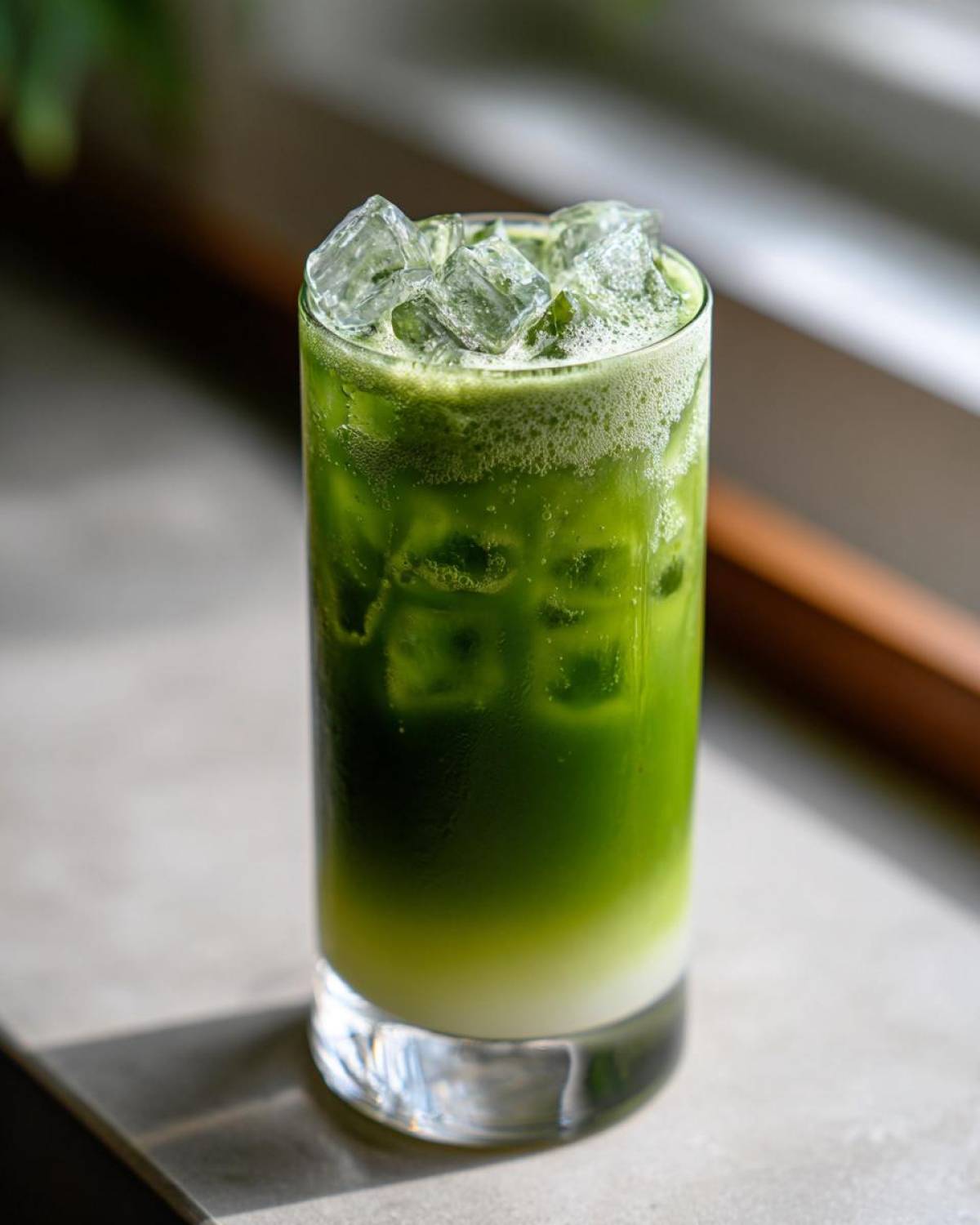 A tall glass filled with a vibrant green Iced Matcha Pineapple Refresher, layered over a lighter base and topped with ice cubes.