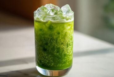 A tall glass filled with a bright green Iced Matcha Pineapple Refresher topped with large ice cubes.