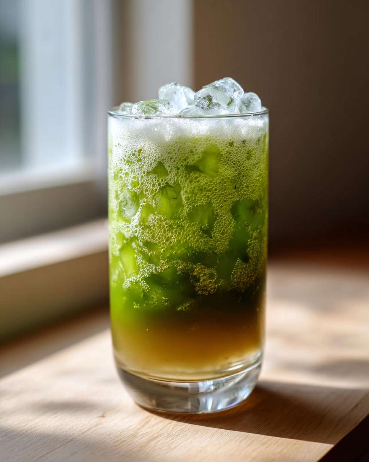 A tall glass filled with a layered Iced Matcha Pineapple Refresher, topped with ice and foam, sitting on a wooden surface.