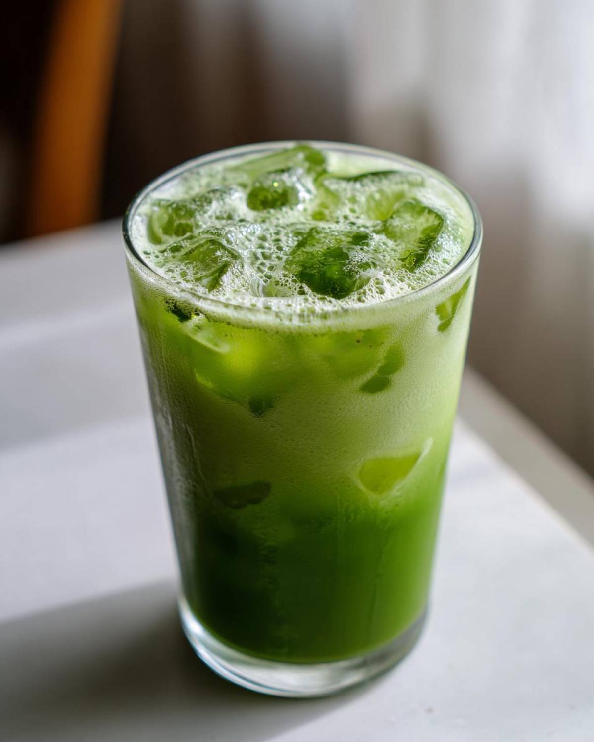 Close-up of a tall glass filled with a vibrant green Iced Matcha Pineapple Refresher, topped with ice and foam.