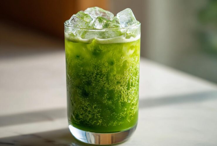A tall glass filled with a bright green Iced Matcha Pineapple Refresher topped with large ice cubes.
