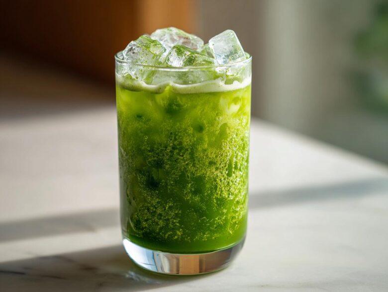 A tall glass filled with a bright green Iced Matcha Pineapple Refresher topped with large ice cubes.