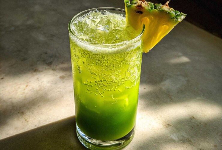 A refreshing Iced Pineapple Matcha Spritz, bright green and bubbly, served over ice with a fresh pineapple wedge garnish.