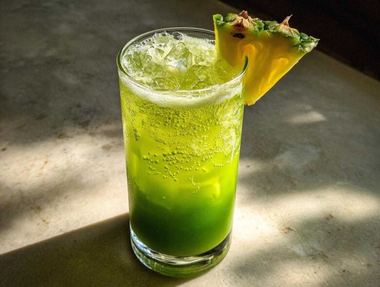 A refreshing Iced Pineapple Matcha Spritz, bright green and bubbly, served over ice with a fresh pineapple wedge garnish.