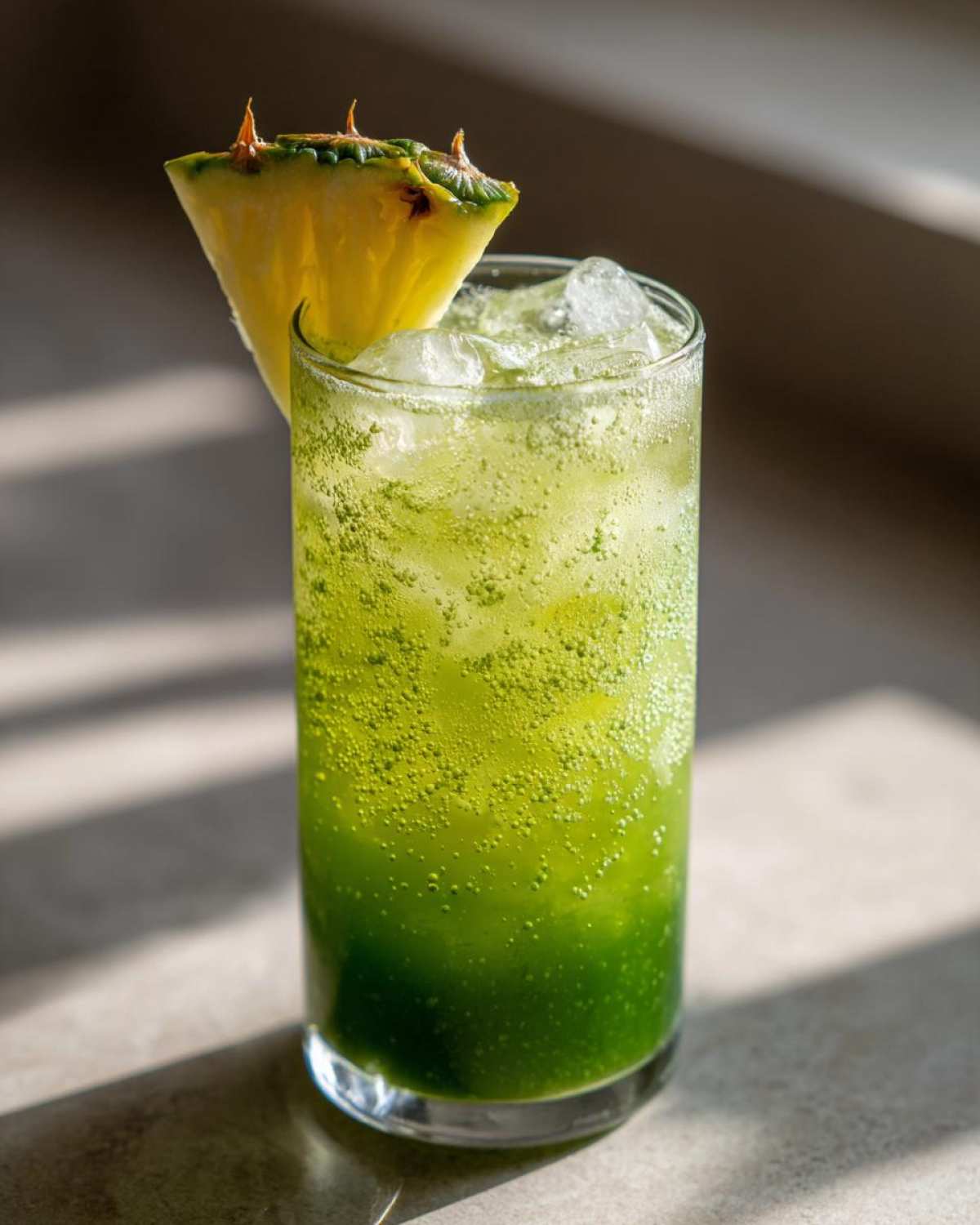 A tall glass of vibrant green Iced Pineapple Matcha Spritz, filled with ice and topped with a fresh pineapple wedge.