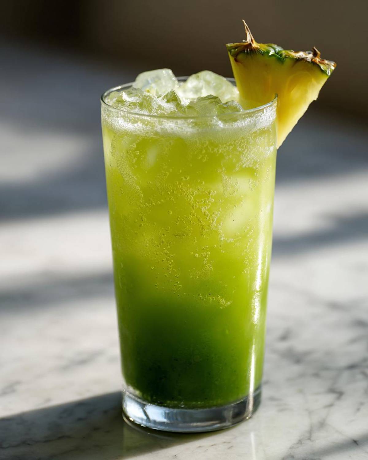 A tall glass filled with a vibrant green Iced Pineapple Matcha Spritz, ice cubes, and garnished with a pineapple wedge.