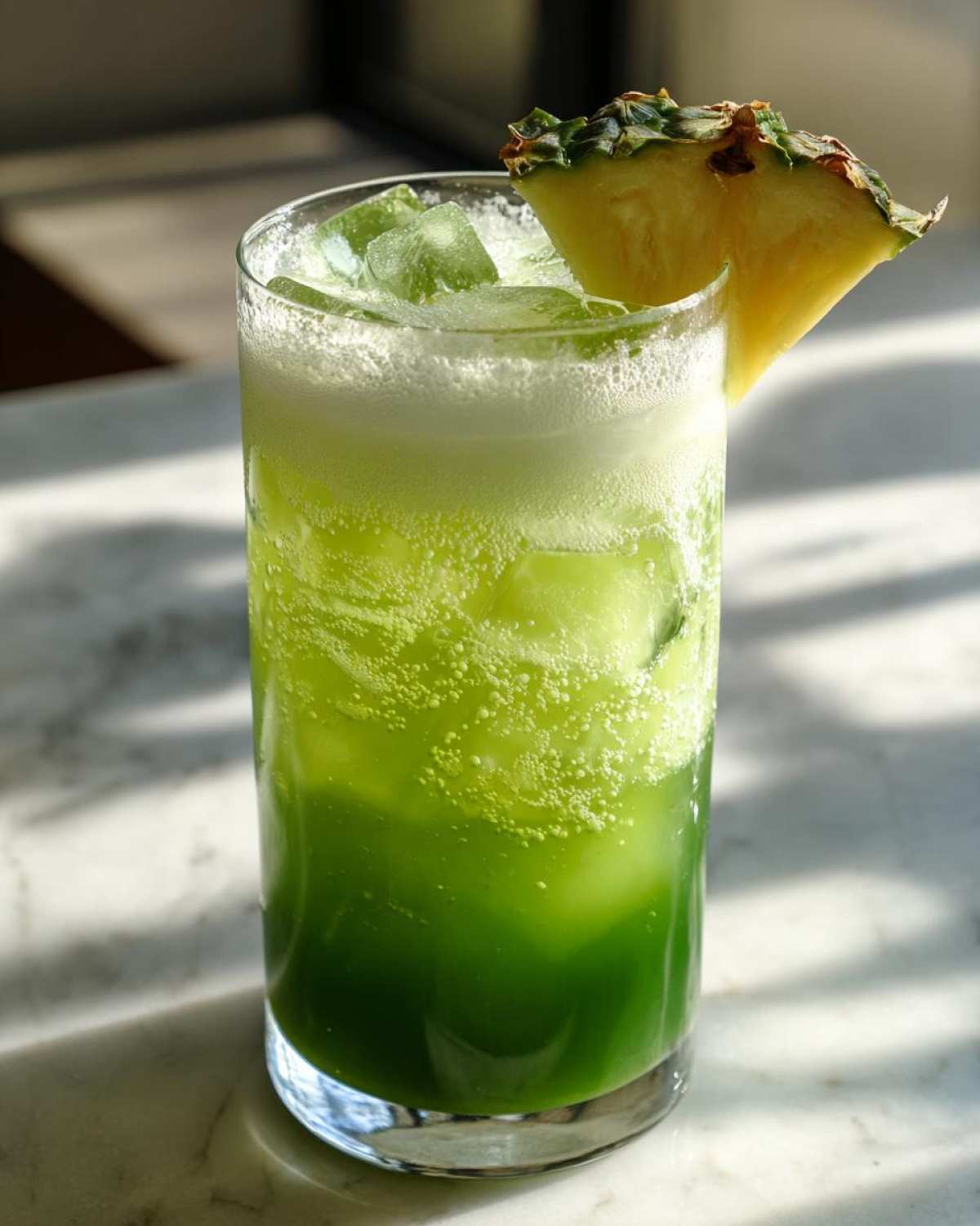 A tall glass filled with a vibrant green Iced Pineapple Matcha Spritz, ice cubes, and garnished with a fresh pineapple wedge.
