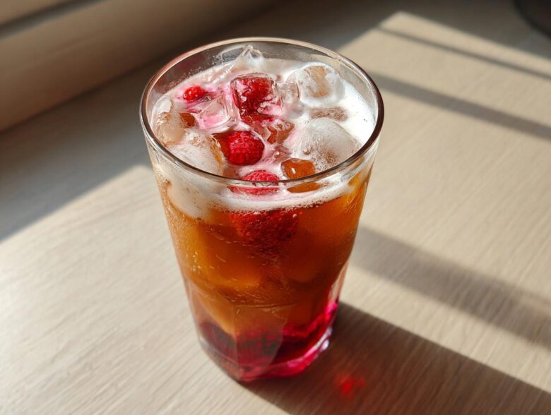 Close-up of a tall glass filled with Iced Raspberry Vanilla Chai, ice cubes, and fresh raspberries.