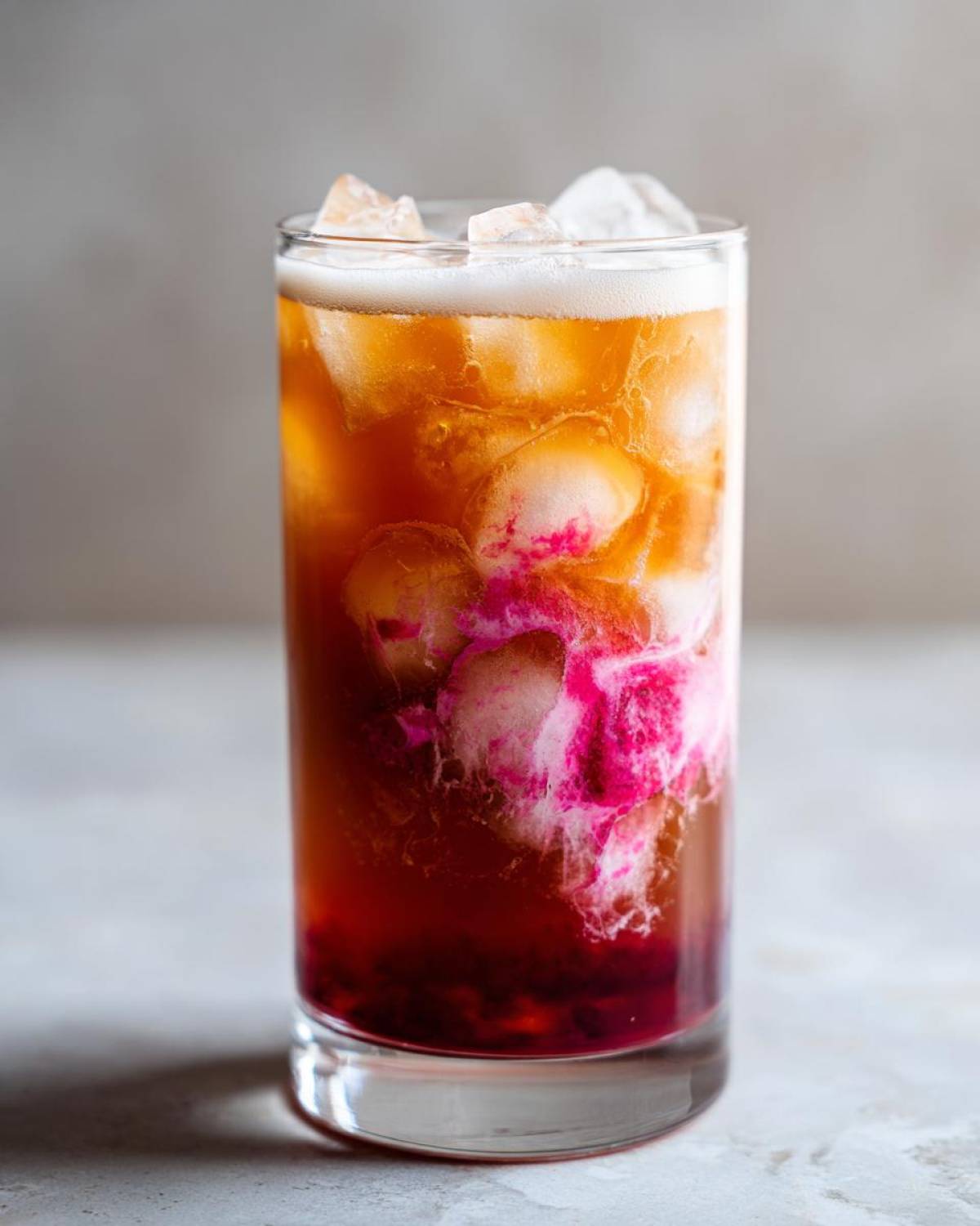 Close-up of a tall glass filled with Iced Raspberry Vanilla Chai, showing layers of dark tea, ice, and bright pink/white swirling cream.