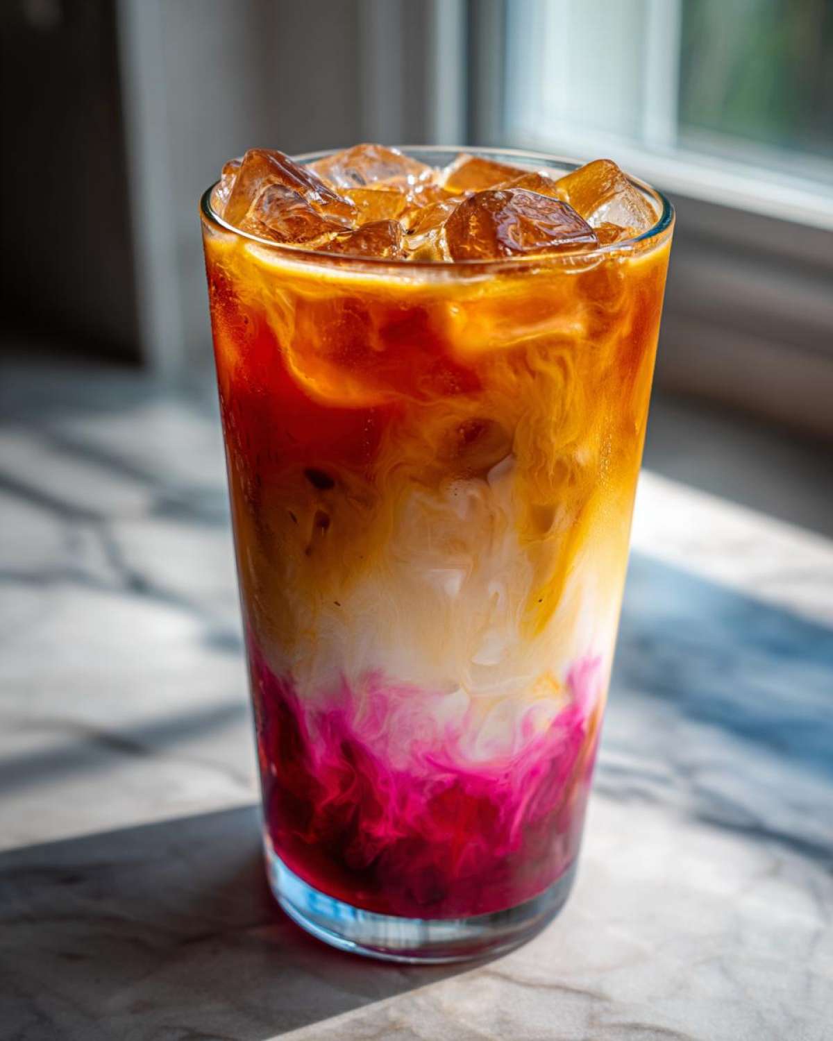 Close-up of a tall glass containing a layered Iced Raspberry Vanilla Chai with vibrant pink, white, and brown swirls over ice.