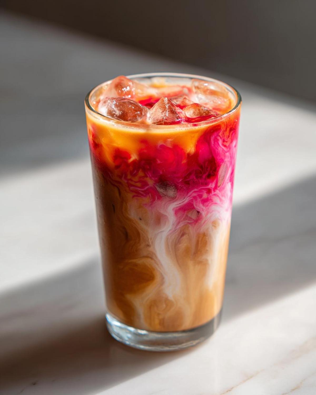 Close-up of a tall glass filled with Iced Raspberry Vanilla Chai showing swirling layers of brown chai, white milk, and bright magenta raspberry syrup over ice.