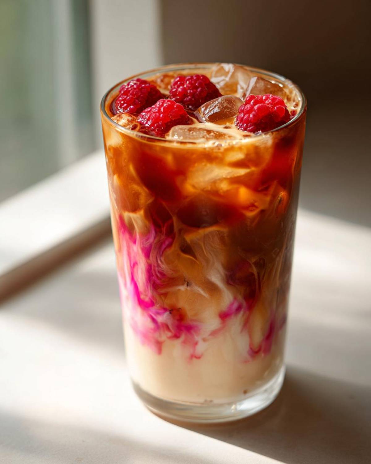 Close-up of a tall glass of Iced Raspberry Vanilla Chai showing vibrant pink swirls of raspberry syrup mixing with milk and coffee.