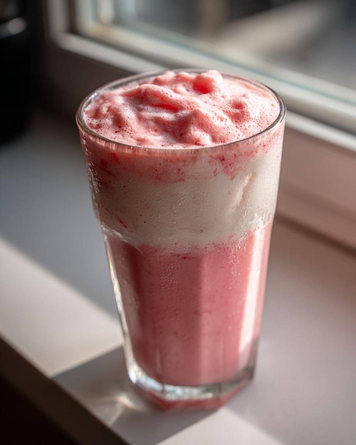 Close-up of a tall glass containing a thick, pink Iced Vanilla Strawberry Protein Shake with a frothy top layer.