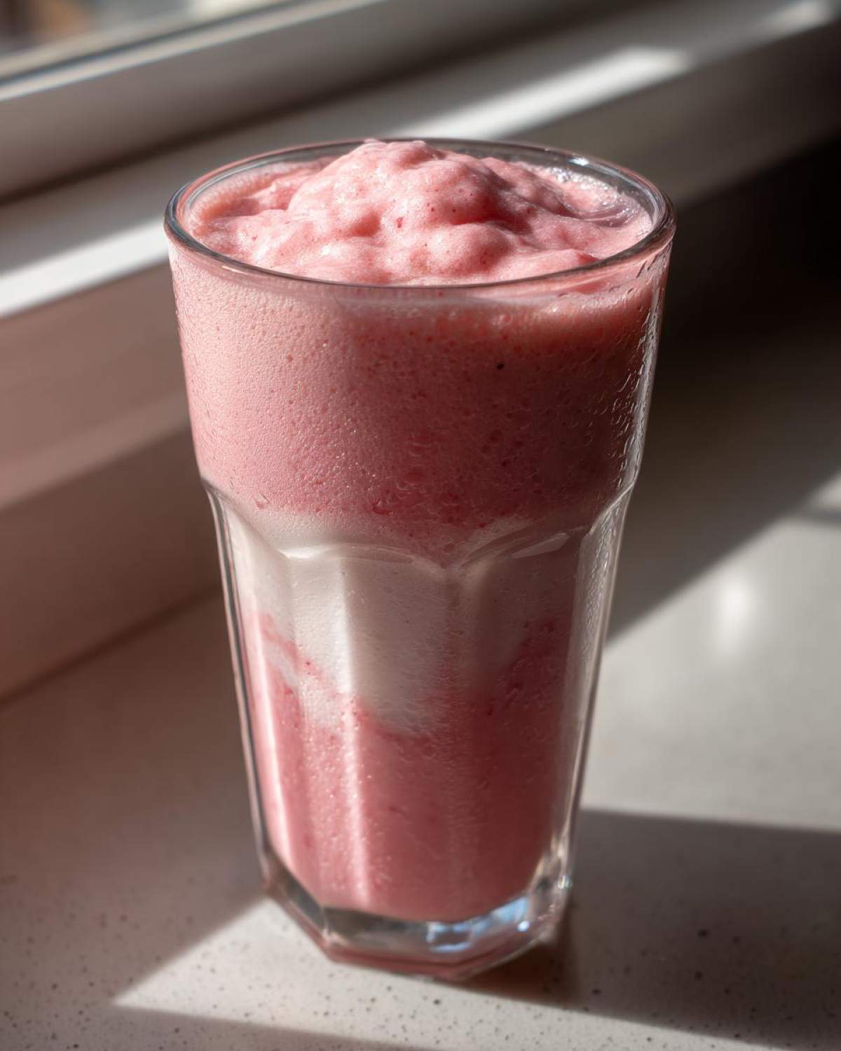 A tall glass filled with a thick, frothy Iced Vanilla Strawberry Protein Shake, showing pink and white layers.