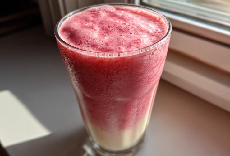 A tall glass filled with a layered Iced Vanilla Strawberry Protein Shake, showing a creamy bottom layer and a frothy pink top layer.