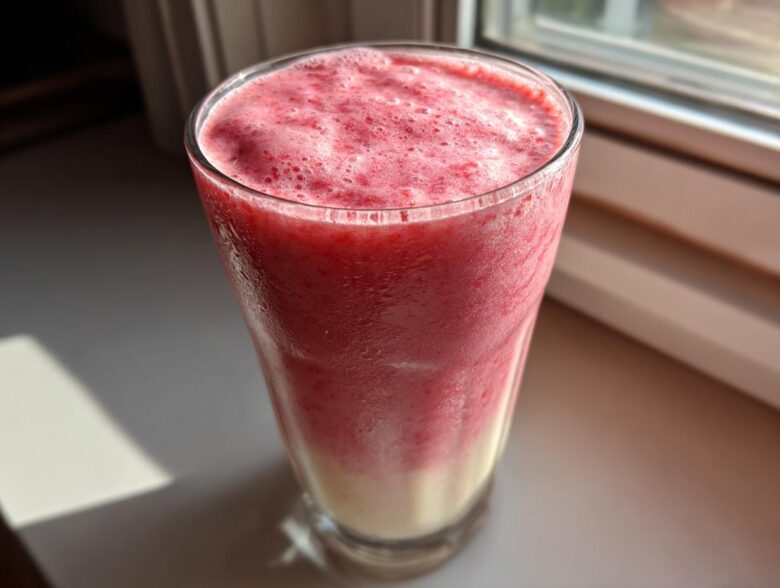 A tall glass filled with a layered Iced Vanilla Strawberry Protein Shake, showing a creamy bottom layer and a frothy pink top layer.