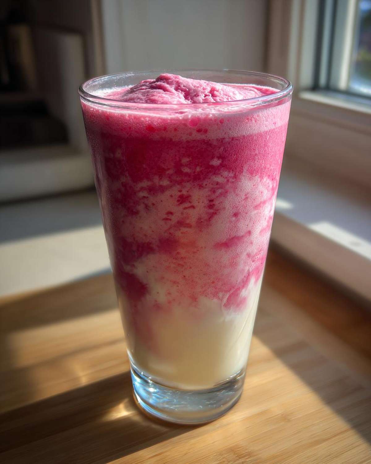 A tall glass of layered Iced Vanilla Strawberry Protein Shake with bright pink and white swirls, sitting on a wooden surface near a window.