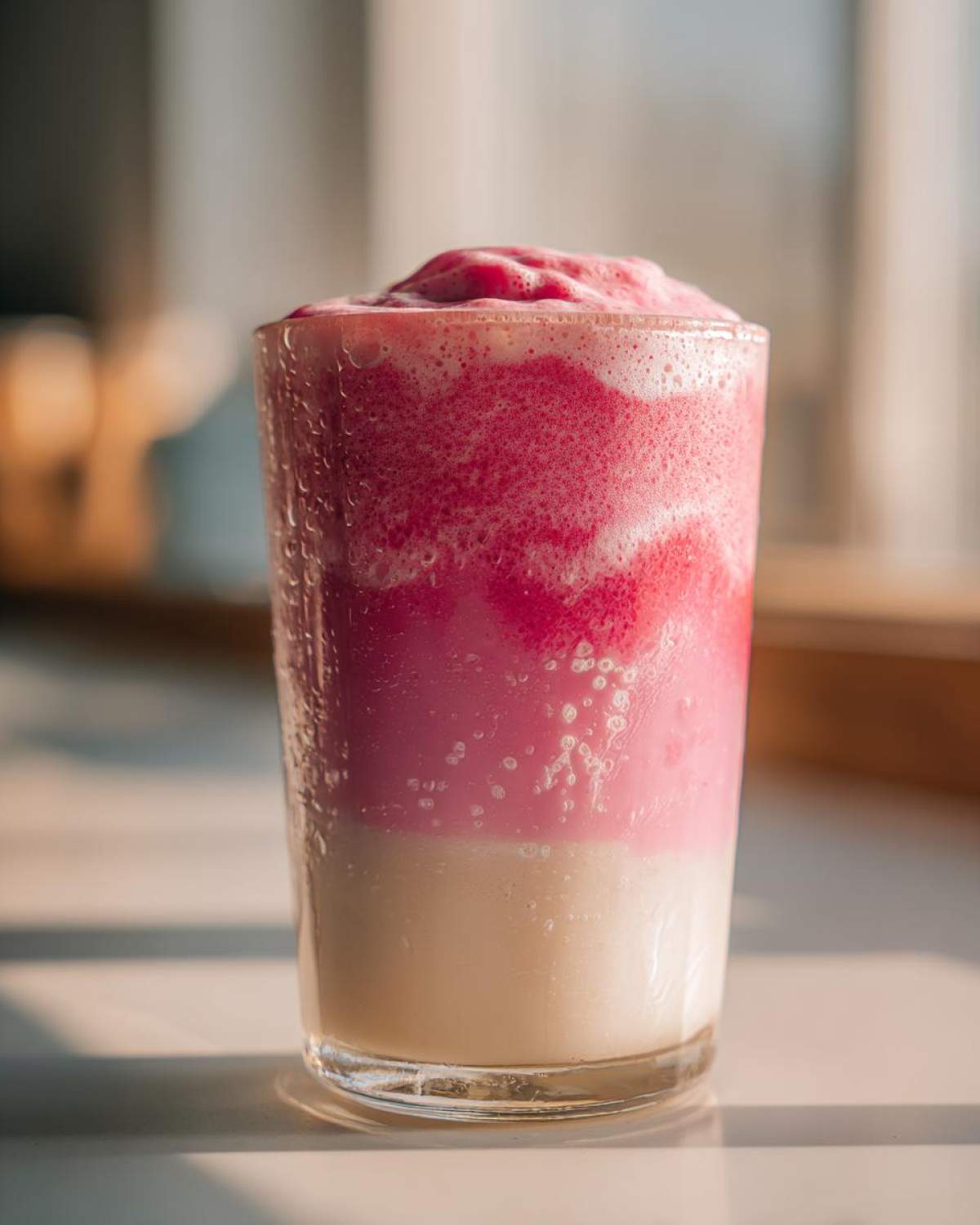 Close-up of a tall glass containing a layered Iced Vanilla Strawberry Protein Shake, showing a creamy white bottom layer and a vibrant pink, frothy top layer.