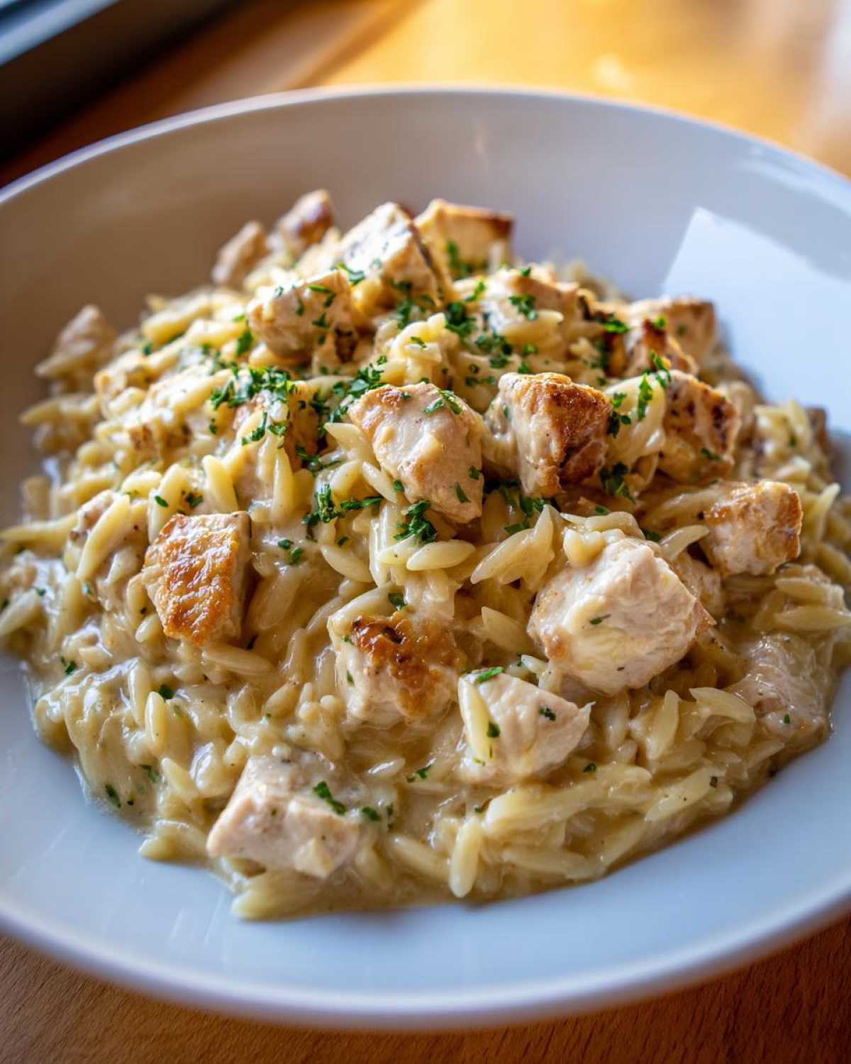 Close-up of Instant Pot Creamy Chicken and Orzo topped with browned chicken pieces and fresh parsley.